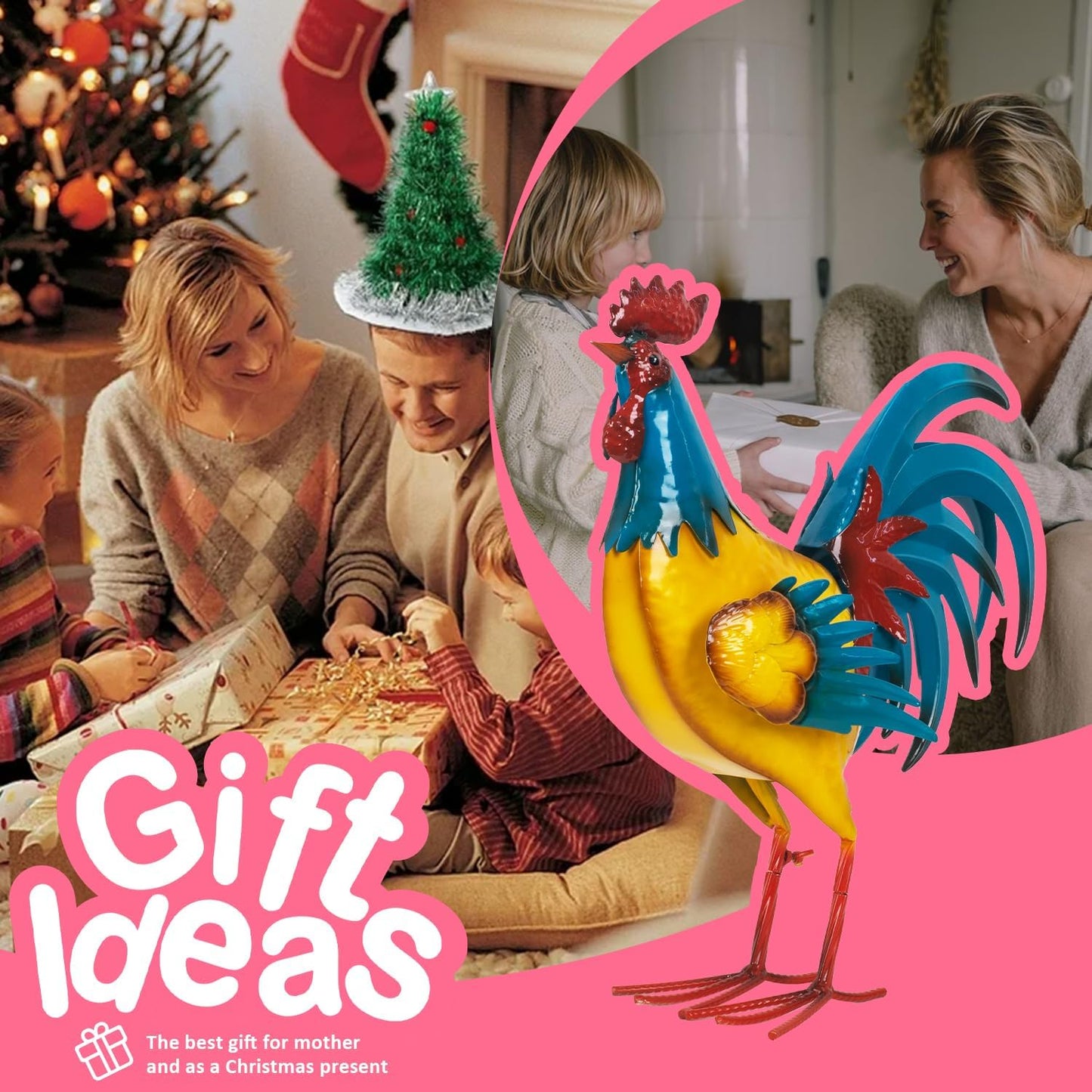 Natelf Rooster Garden Statues Outdoor Decor Metal Chicken Sculpture, Yard Art for Patio, Porch, Backyard-Rustic Farmhouse Decoration Unique Gifts for Mom, Grandma, Garden Lovers