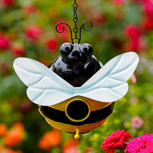 Honeybee Theme Bird House - Decorative Outdoor Metal Birdhouse for Garden, Yard, or Patio - Rust-Resistant & Weatherproof Bee Design with Hanging Chain - Attracts Finches, Sparrows 7.67”x5.11”x2.55”