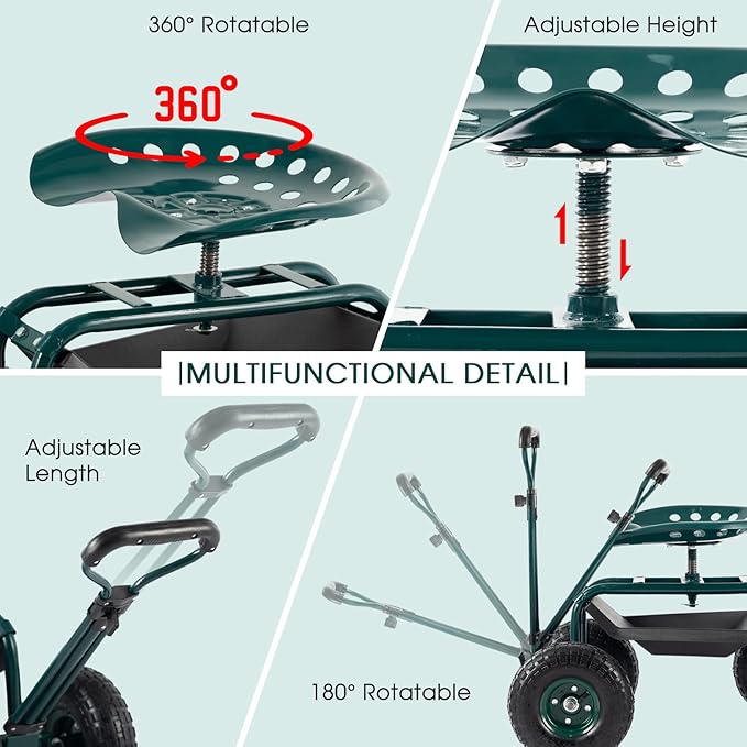 Garden Cart with Seat Outdoor Gardening Carts Heavy Duty Rolling Garden Stools Scooter with Handle and Storage for Seniors, Green