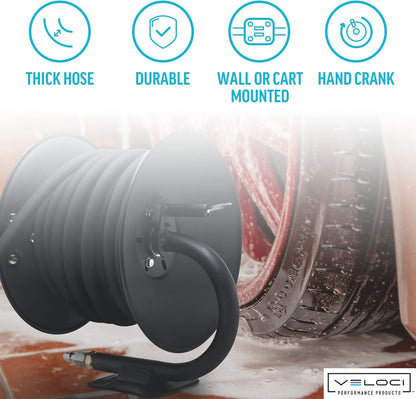 MTM Hydro Pressure Washer Hose Reel Kit, Metal Heavy-Duty Hand Crank Wall Mounted, Commercial Grade with Kobrajet Black Hose High Pressure 3/8” 4000 PSI 100’ Commercial Grade