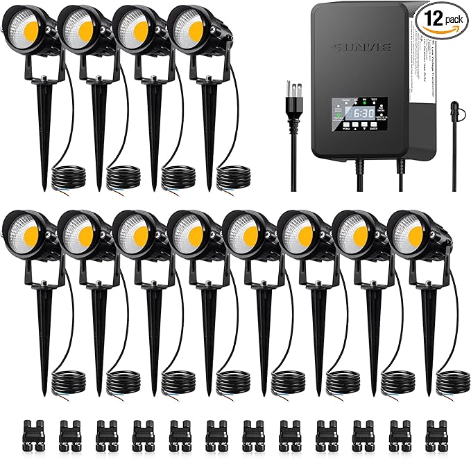 SUNVIE 12 Pack Low Voltage Landscape Lights with 300W Transformer 12-24V LED Landscape Lighting Kit 3000K Waterproof Aluminum Landscape Spotlights with Wire Connectors for House Yard Tree Garden