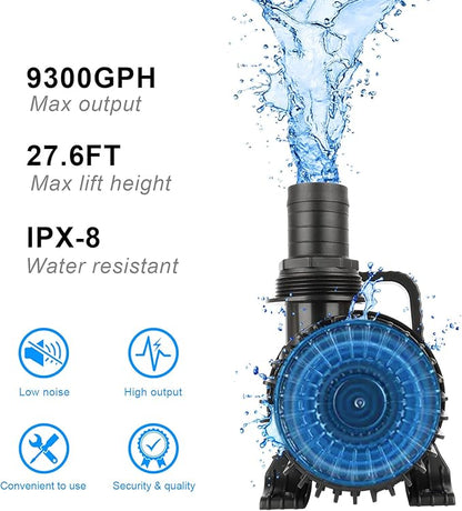 OYO WATER Outdoor Large 9300gph-620W 32.8FT Pond Water-fall & Kio Fish Fountain-s &Garden Pump Submersible IPX8: Long 32.8FT Cord Smart-er & Quieter Duck & Yard &Patio Ponds Pumps, 1 Barrier Pump Bag
