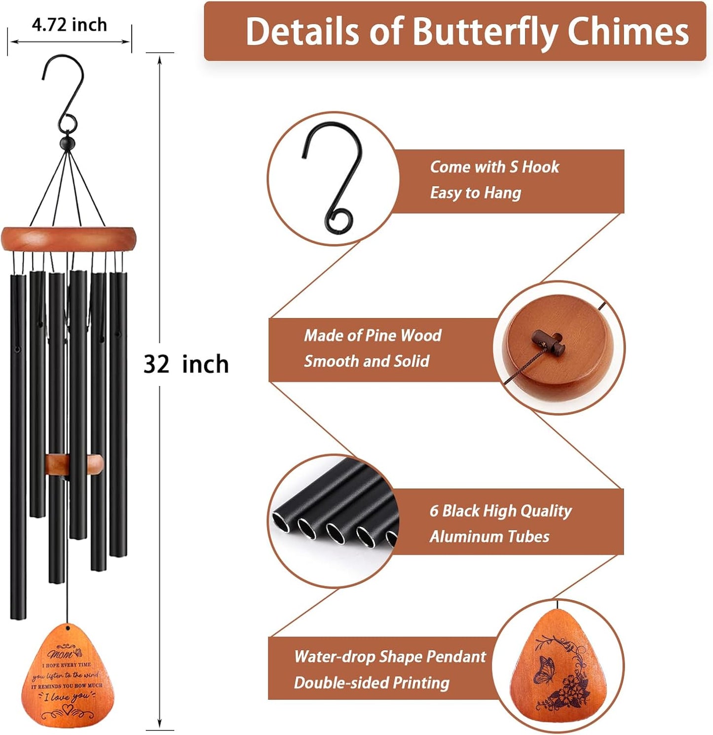 Mom Gift, 32" Mom Wind Chimes Gifts, Birthday Gifts from Daughter, Gift for Mothers Day Christmas