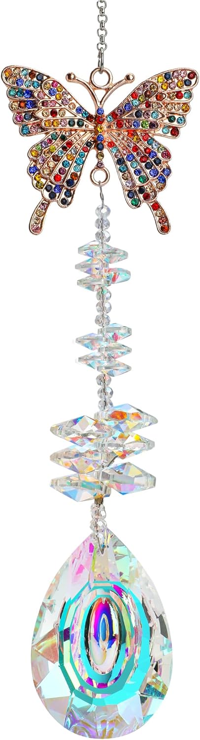 Suncatcher with Crystals,Colorful Crystal Butterfly Rhinestones Suncatcher Window Hanging,Crystal Prism Hanging Ornament,Rainbow Maker Decoration for Home, Garden, Wedding, Party & Christmas