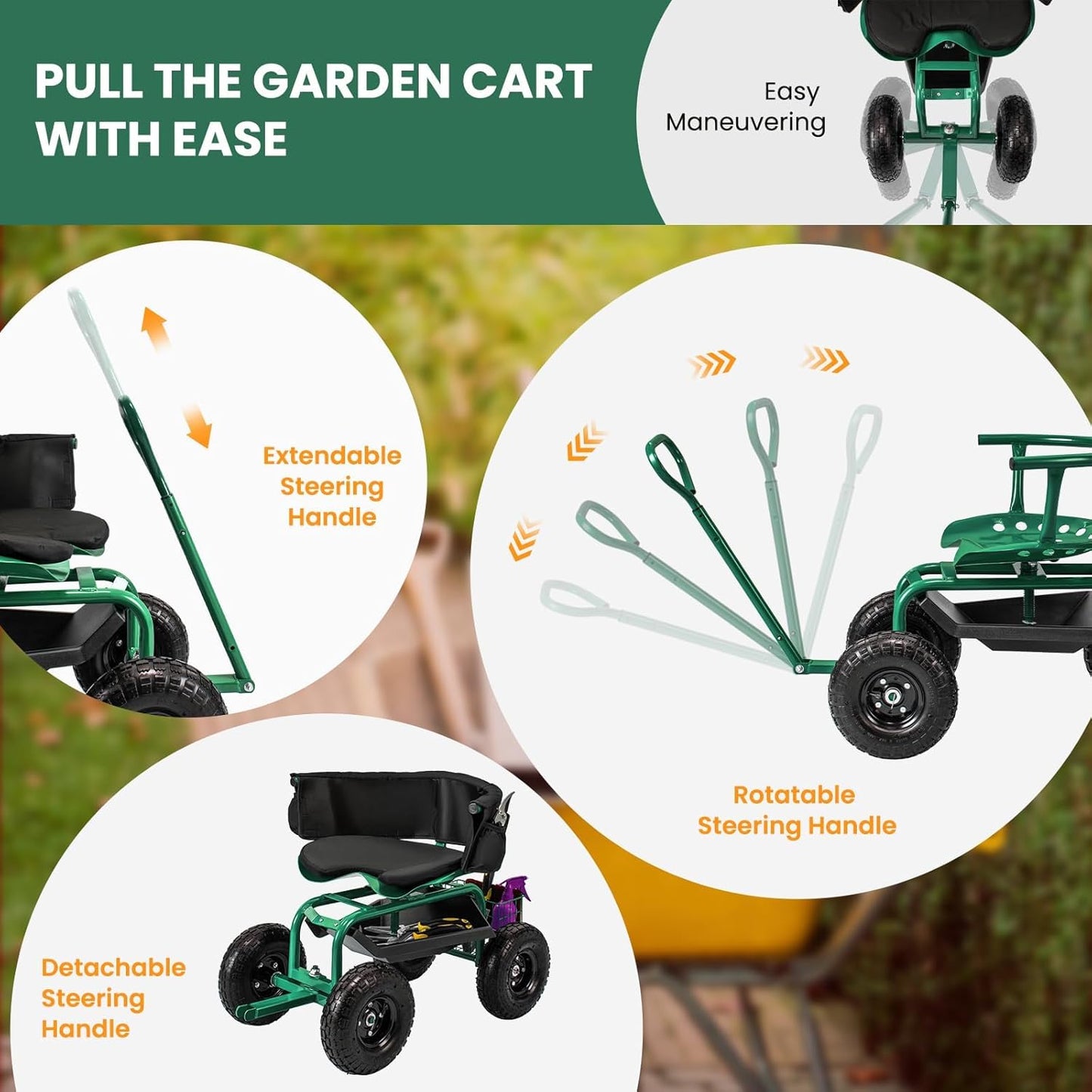 ERGOMASTER Rolling Garden Seat with Wheels, Adjustable 360° Swivel Workseat and Storage Basket, Extendable Handle, Outdoor Gardening Wagon Scooter, Green
