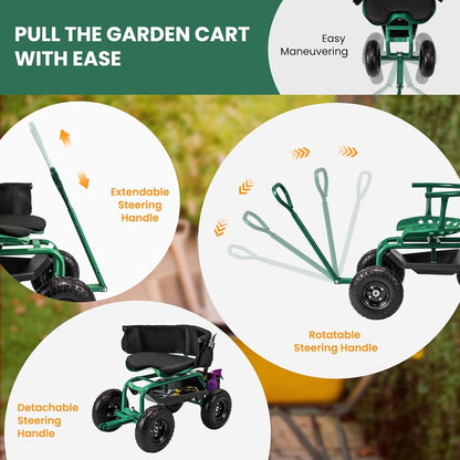 ERGOMASTER Rolling Garden Seat with Wheels, Adjustable 360° Swivel Workseat and Storage Basket, Extendable Handle, Outdoor Gardening Wagon Scooter, Green
