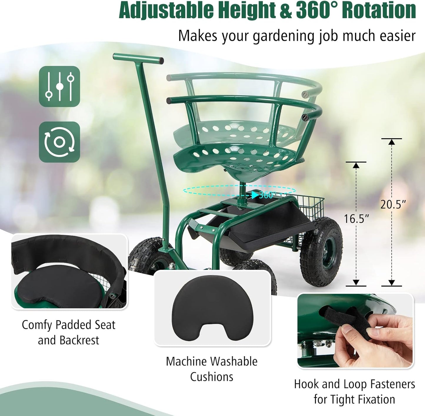 Goplus Rolling Garden Seat with Wheels, Outdoor Garden Cart with 360° Swivel Seat & Tool Storage, 2 Steering Handles, Gardening Stool Wagon Scooter, Lawn, Patio Gardening Workseat for Seniors