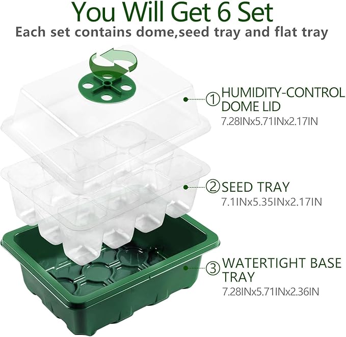 Seed Starter Tray, 6 Set Seedling Kits with Adjustable Humidity Dome, Plant Starter Kit for Seeds Growing Starting (12 Cells per Tray)