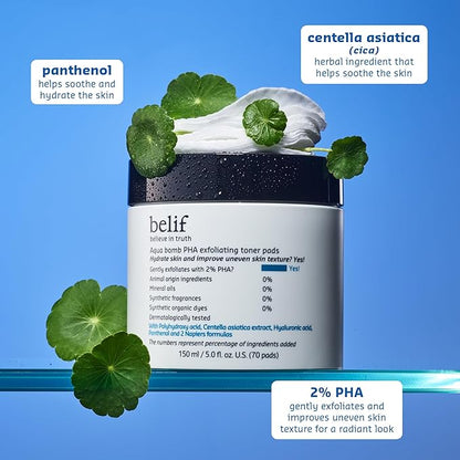 belif PHA 2% Toner Pads – Gentle Exfoliating Facial Polish for Pore Care, Hydrating & Soothing with Panthenol & Cica, Double-Sided Texture, Ideal for Sensitive Skin, Korean Skincare (70 Pads)