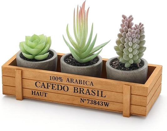 DomeStar 3PCS Small Fake Plants, Artificial Succulents Plants with Wooden Box for Home Bathroom Kitchen Office Farmhouse Decor Green
