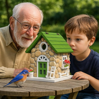 Masterpiece Bluebird House for Outside Clearance,Hanging Bird House for Outdoor, Stone Villa, Birdhouse for Outside, Garden Statue Solid Wood Longtime Lasting, Post Pole Mountable (Green)