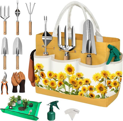 22Pcs Gardening Tools Set for Women Heavy Duty Garden Hand Tool Kit Gifts for Mom Beginner Gardener Gardening Accessories with SunflowerTote Bag/Shovel/RepottingMat/Plant Labels/Gloves-Yellow