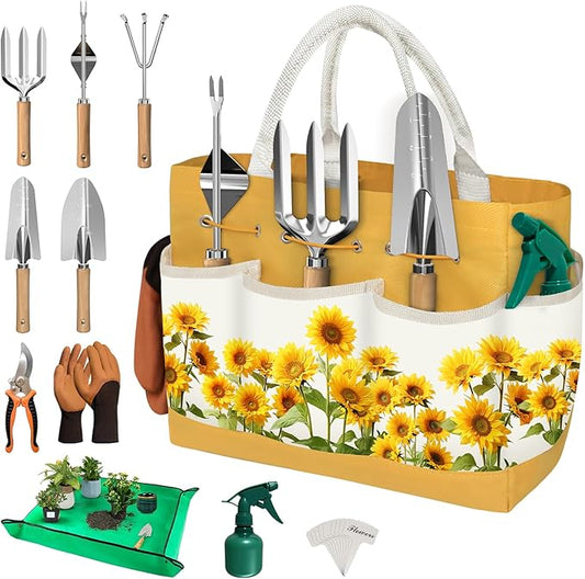 22Pcs Gardening Tools Set for Women Heavy Duty Garden Hand Tool Kit Gifts for Mom Beginner Gardener Gardening Accessories with SunflowerTote Bag/Shovel/RepottingMat/Plant Labels/Gloves-Yellow
