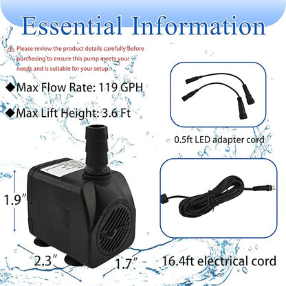 SAC SMARTEN ARTS Submersible Water Pump - Quiet, 119GPH, 10W, 12V, 3.6ft Lift for Aquariums, Fountains, Ponds, Hydroponic Systems
