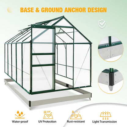 EAGLE PEAK 10x6x7 Outdoor Walk-in Hobby Greenhouse with Adjustable Roof Vent and Rain Gutter, Base and Anchor, Polycarbonate Aluminum Green House for Backyard Garden, Dark Green