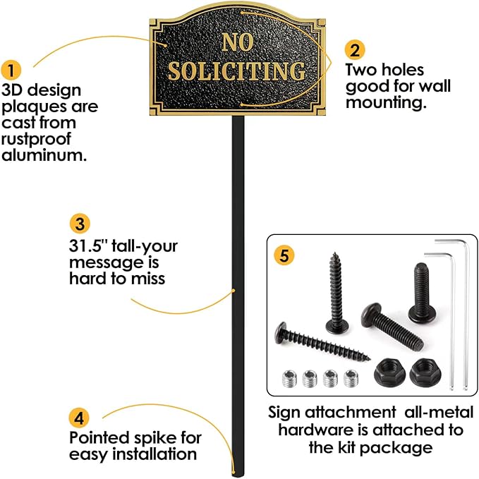 No Soliciting Statement Plaque, Solid Metal Cast Yard Sign, Thick and Sturdy Material, Embossed Letters, 11.5” x 7.5" Heavy Duty Sign with 31.5" Stakes and Upgraded Stainless Screws