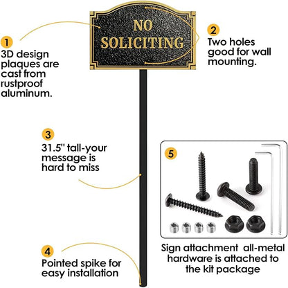 No Soliciting Statement Plaque, Solid Metal Cast Yard Sign, Thick and Sturdy Material, Embossed Letters, 11.5” x 7.5" Heavy Duty Sign with 31.5" Stakes and Upgraded Stainless Screws