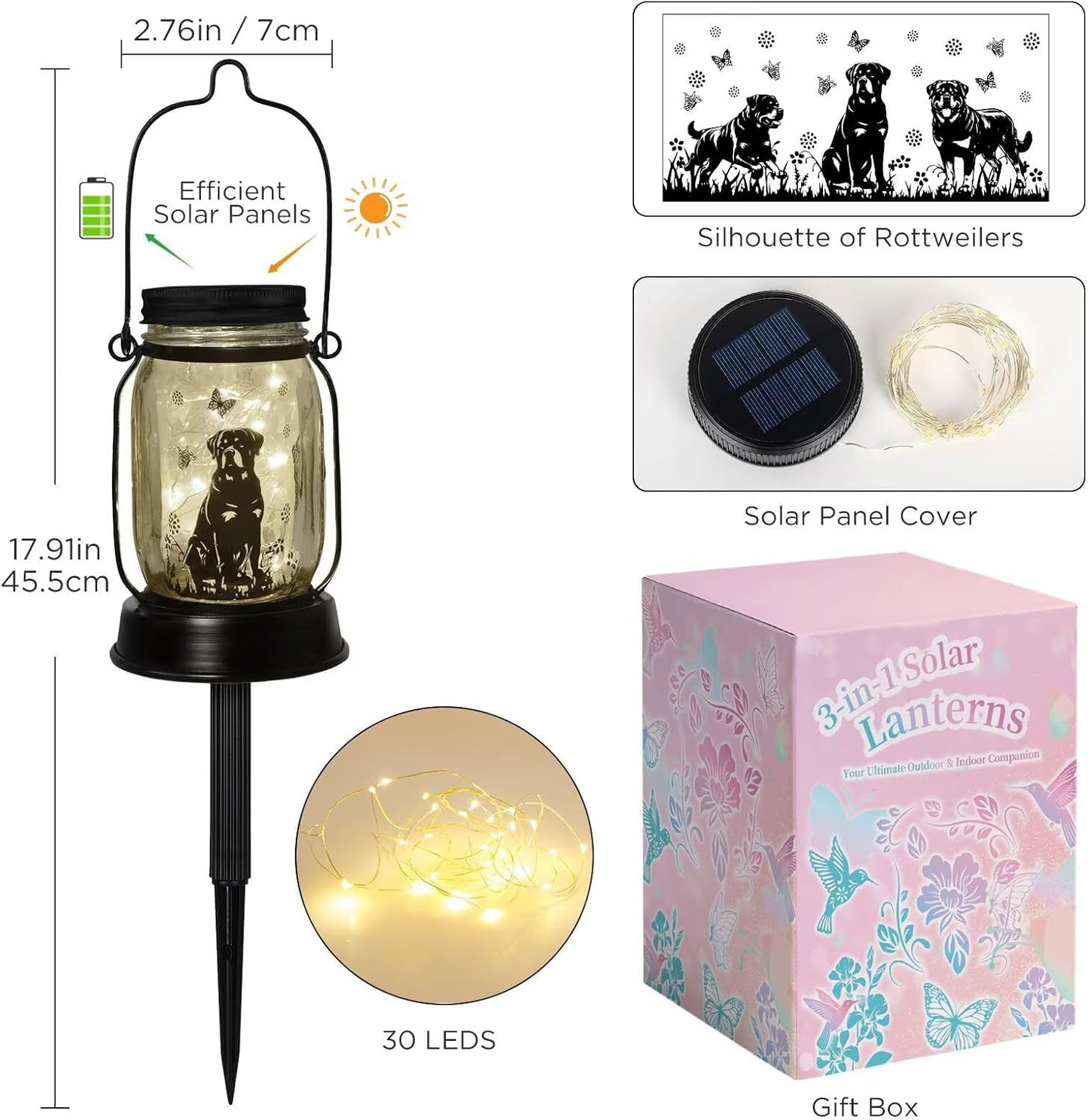 kyoryuger Rottweiler Gifts for Women/Men Rottweiler Solar Lanterns Dog Mom Birthday Dog Lovers Lantern Pet Loss Pet Memorial Lights, Solar Garden Decoration Outside for Yard, Patio,Backyard,Porch