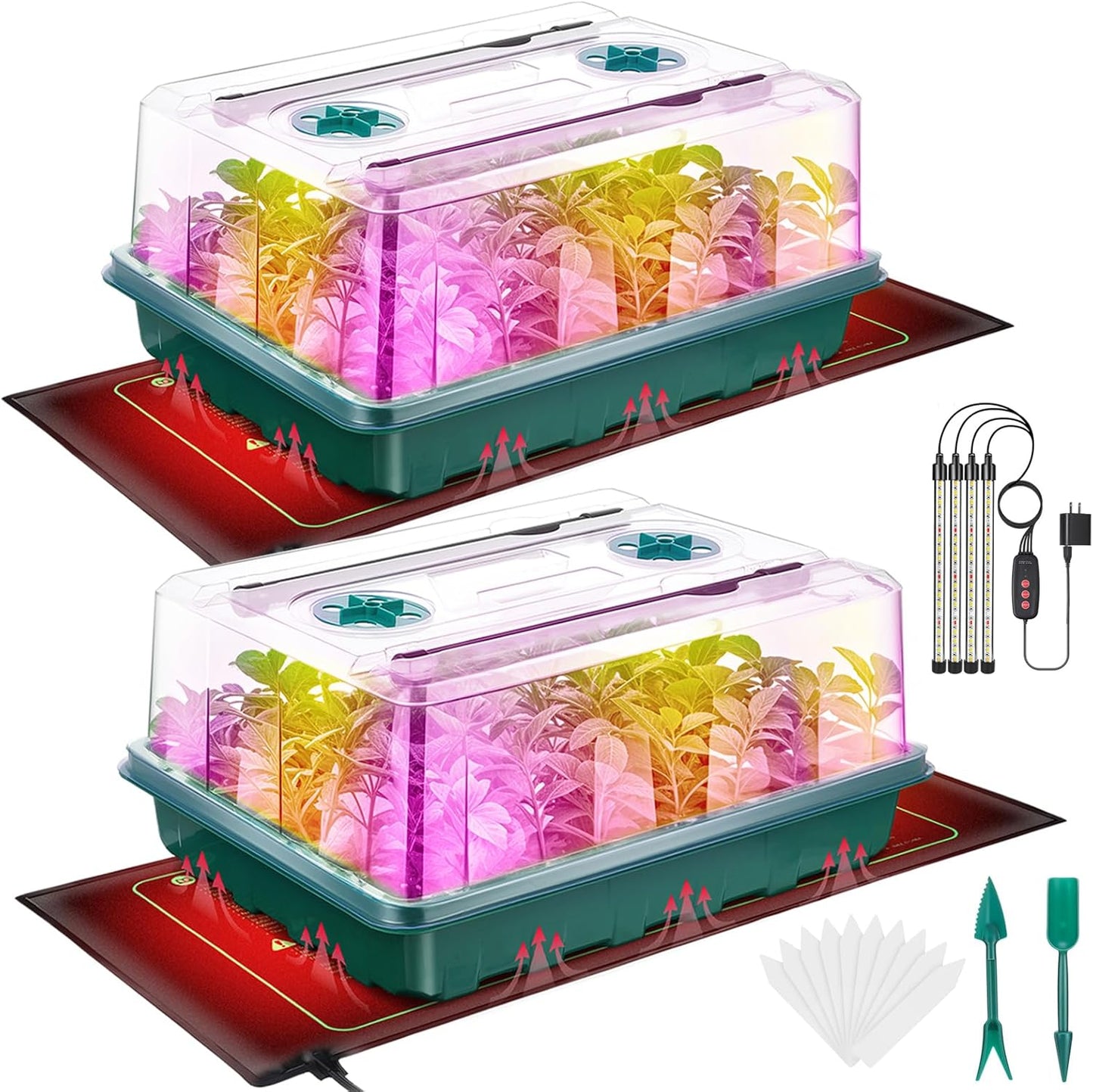 Seed Starter Tray, Seed Starter Kit with Grow Lights and Heat Mat, 96-Cell Seed Growing Tray, Seed Starting Trays Plant Starter Kit and Base, Indoor Gardening Plant Germination Trays (2)
