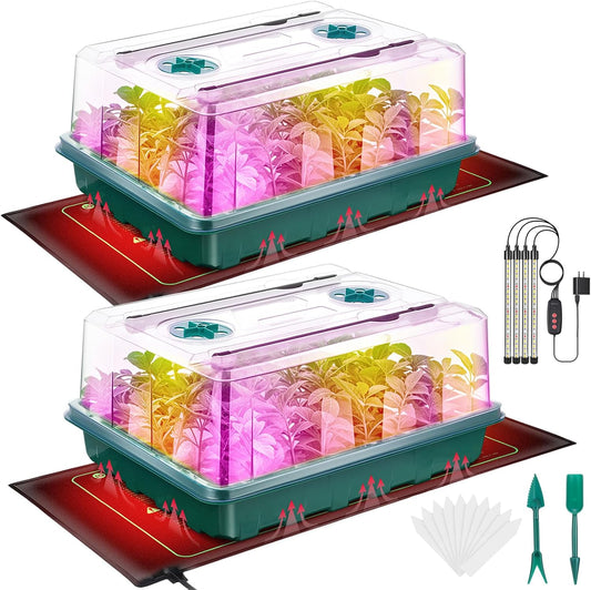 Seed Starter Tray, Seed Starter Kit with Grow Lights and Heat Mat, 96-Cell Seed Growing Tray, Seed Starting Trays Plant Starter Kit and Base, Indoor Gardening Plant Germination Trays (2)