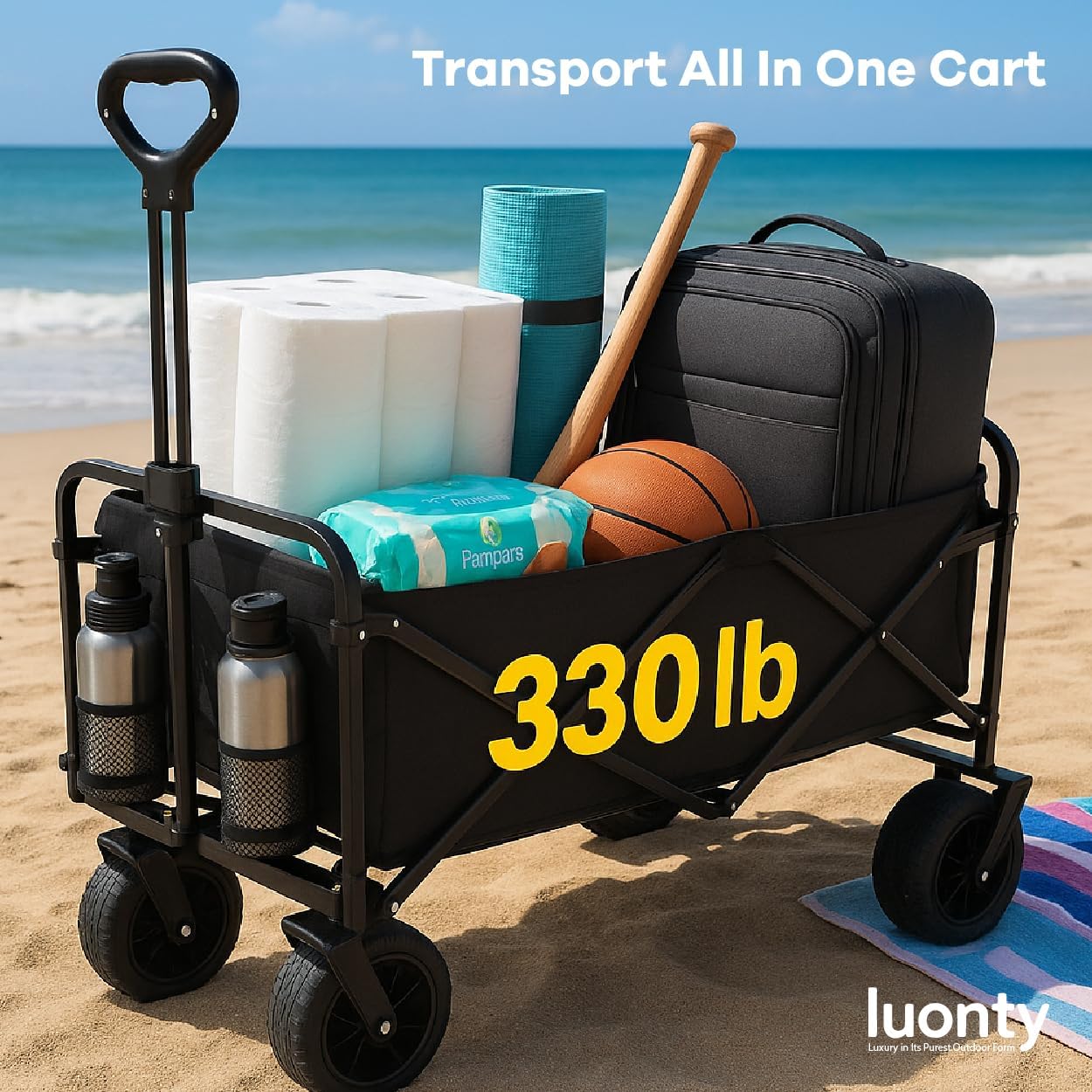 Collapsible Utility Wagon Cart, Heavy Duty Folding Garden Cart with Wheels, Black Steel Frame, 150 L Capacity - 330 LB Capacity