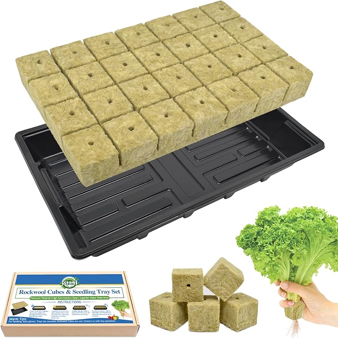 Halatool Seed Starter Kit - 28PCS 1.5 in Rockwool Cubes & 1Pack Reusable Seedling Starter Tray for Seed Starting, Indoor Gemination Kit for Cuttings Propagation Plant Clone