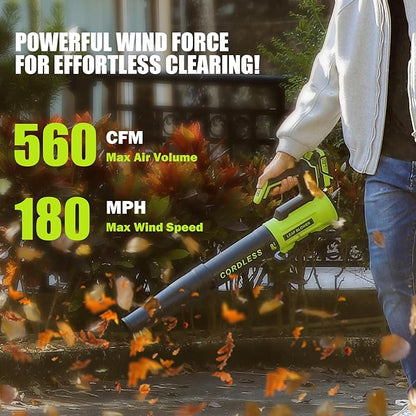 Leaf Blower Cordless with 2× 4.0Ah Batteries and Charger, 560CFM & 180MPH Lightweight Leaf Blower, 2 Speed Electronic Control, 20V Electric Blower for Driveway, Lawn & Yard Care