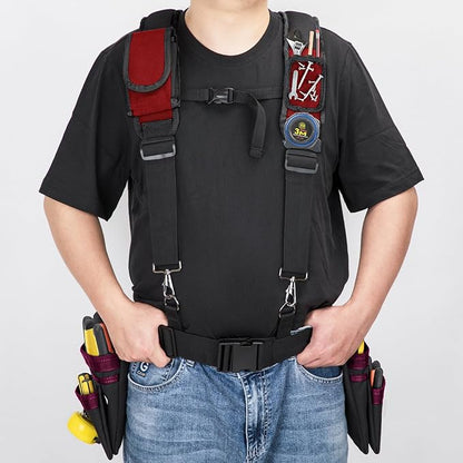 Tool Belt With Suspenders, 24 Pockets Tool Bag with Magnetic Wristband, Detachable Tool Pouch Bag, Adjustable Waists for Men Electrician Carpenter Construction (Red)