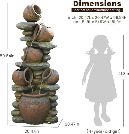 59.84 Inch Outdoor Water Fountain with LED Lights and Pump - Freestanding Waterfall Garden Feature for Patio, Yard, Courtyard