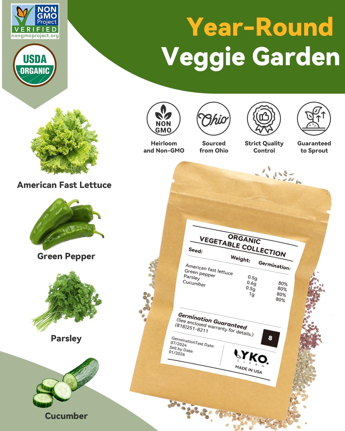 LYKOCLEAN Vegetable & Salad Green Seed Pod Kit for Aerogarden, (16 Pods) Ahopegarden, iDOO – Non-GMO American Fast Lettuce, Green Pepper, Cucumber, Parsley Seeds, Compatible with All Hydroponic System