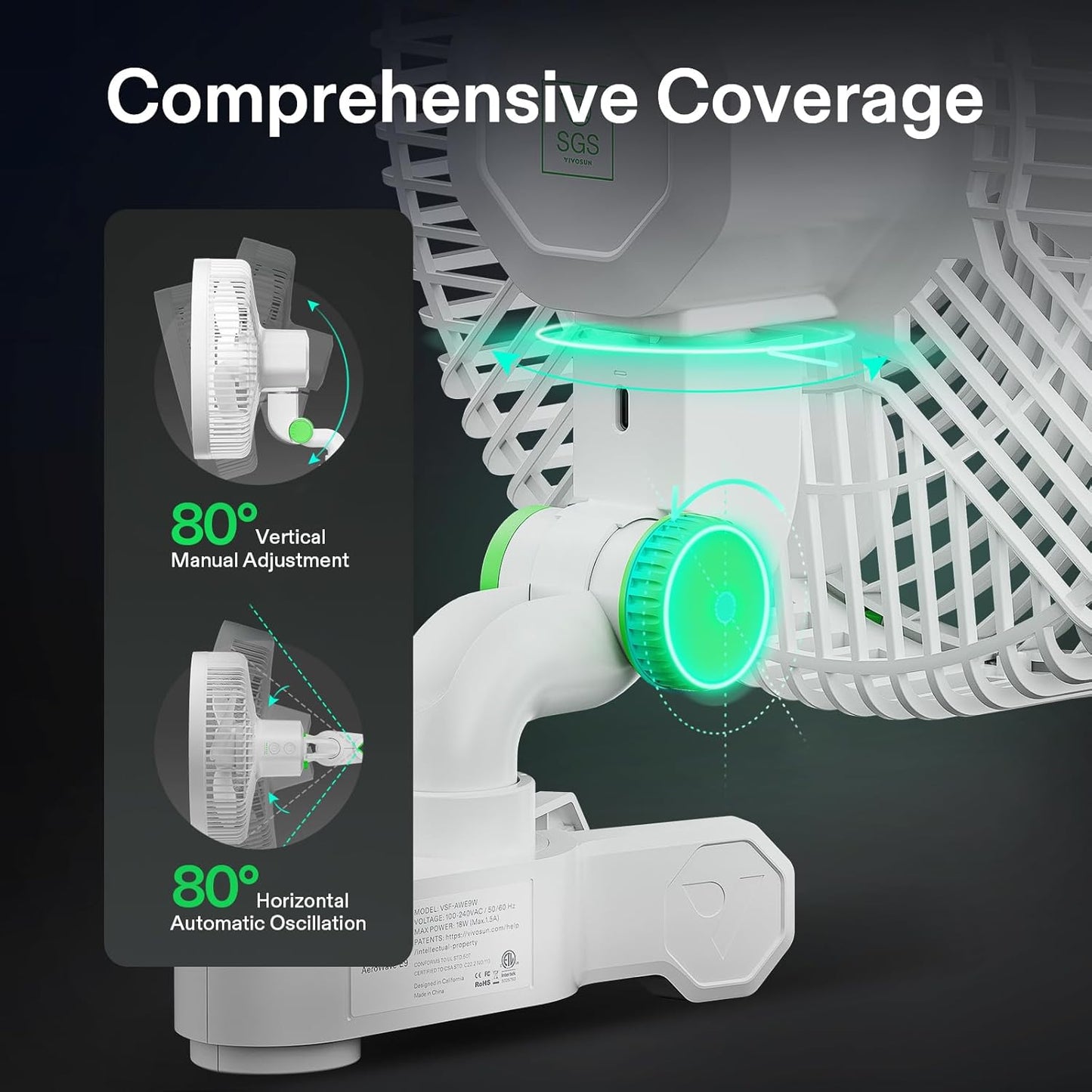 VIVOSUN AeroWave E9 Grow Tent Fan 9", EC Motor, WiFi-Controllable, US Patented Auto Oscillating Clip fan, IP54 Weatherproof, Strong Airflow & Quiet for Hydroponic Ventilation Circulation, White