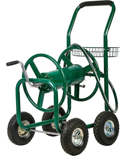 FDW Garden Hose Reel Cart, Water Hose Cart with 4 Wheels, Hold Up to 300 ft of 5/8’’ Hose，Heavy Duty Powder-Coated Steel Planting with Storage Basket, for Garden, Yard and Lawn