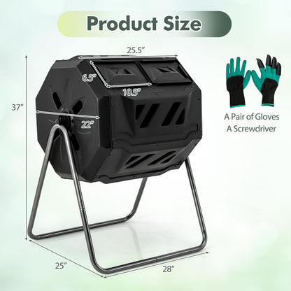S AFSTAR Composter Tumbler Outdoor, 42-Gal Dual Chamber Tumbling Composter with 2 Sliding Doors, Metal Frame, BPA-Free Large Rotating Compost Bin Tumbler for Garden Yard Waste (Black)