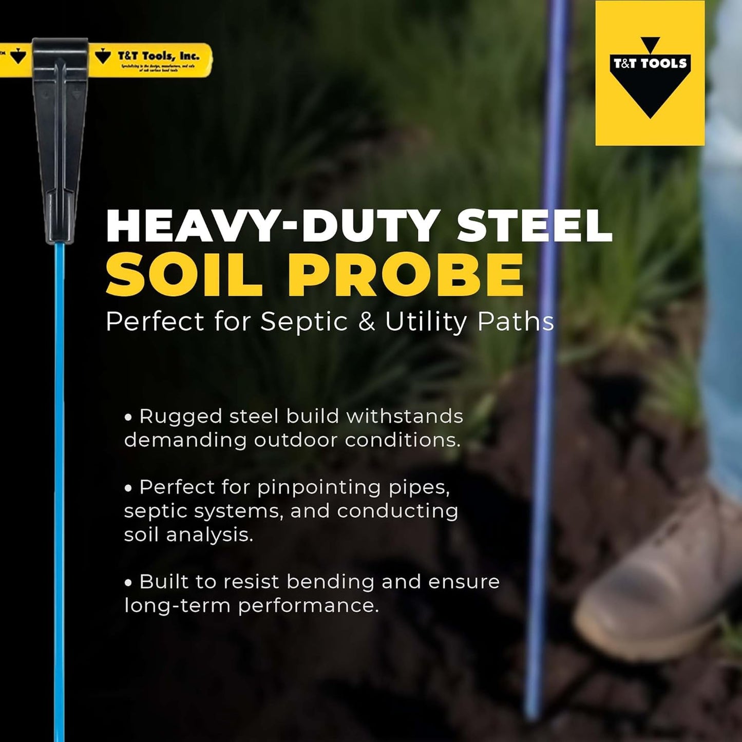 T&T Tools 48-Inch Mighty Probe Insulated Metal Soil Probe – 3/8" Metal Round Rod, Heavy Duty Design for Easy Penetration & Withdrawal, Soil Testing & Landscaping Tools, T-Handle, USA-Made-2 Pack