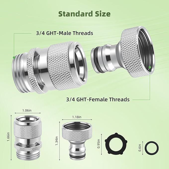 Hibbent Garden Hose Quick Connector, 2 Sets Solid Brass 3/4 Inch GHT Thread Faucet Hose Quick Connect Fitting, Female and Male Adapter