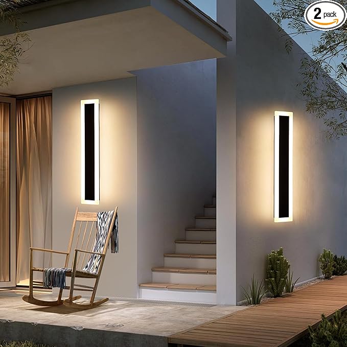 Upgrade Widened 2 Pack Modern LED Wall Sconce, 23.6inch Outdoor Wall Lights, 3000K Warm White, 24W, IP65 Waterproof, Black Long Linear Wall Mount Lighting, Outside Exterior Light for Garage, Patio
