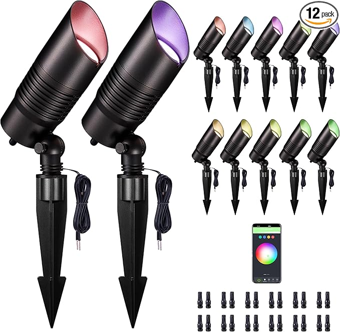 Landscape Spot Lights Outdoor Changing Colors - Smart App Based Spotlights, LED Low Voltage Accent Lights, Outdoor Waterproof 12V Wired, All Metal Aluminum Black for Fountain Sign 12 Pack