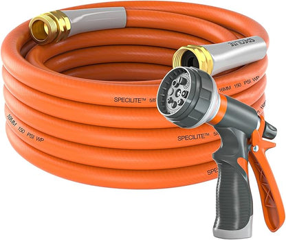 SPECILITE Garden Water Hose 25 ft x 5/8 in Heavy Duty, Flexible and Lightweight, Burst 600 psi, Kink-less Hybrid Rubber Pipe for Backyard, 3/4'' Brass Fittings, Orange