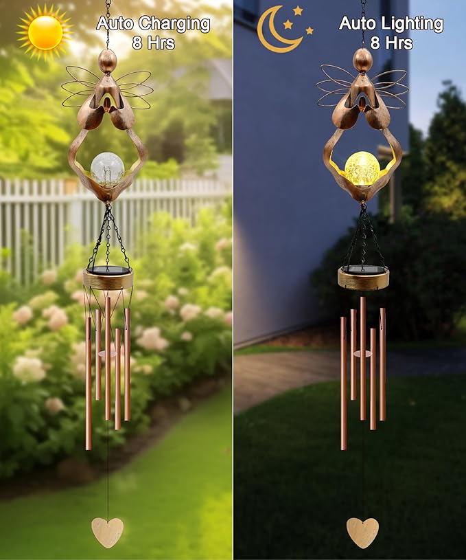 Wind Chimes Outdoor Indoor Decor: Birthday Gifts for Mom Grandma - Outside Lights for Garden Yard Patio Porch (Angel)