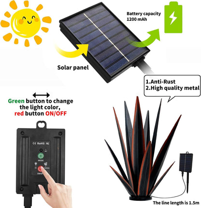 Large Tequila Rustic Sculpture, Rustic Metal Agave Plants for Outdoor Patio Yard, Home Decor Hand Painted Metal Agave Garden Yard Statue, Outdoor Lawn Ornaments (Blue - L (W/Solar Light))