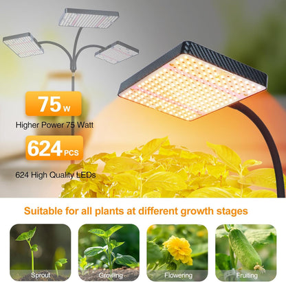3-Head Grow Light with Stand 75W, FECiDA 2025 Grow Lights for Indoor Plants, Full Spectrum LED Plant Grow Light for Houseplants, Bonsai Tree, 4,8,12,16 Hr Timer and 360° Gooseneck