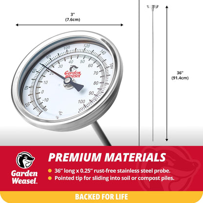 Garden Weasel Analog Soil & Composting Dial Thermometer - 36-Inch Probe | Measures 0 to 220 Degrees Fahrenheit | Soil Temperature, Worm Compost | 98001-A