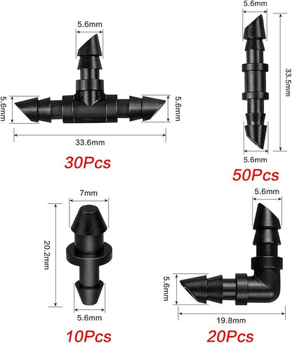 JAYEE Irrigation Fittings Kit for 1/4" Tubing 110 Piece Set - 50 Couplings,30 Tees, 20 Elbows, 10 End Plugs - Barbed Connectors for Drip or Sprinkler Systems