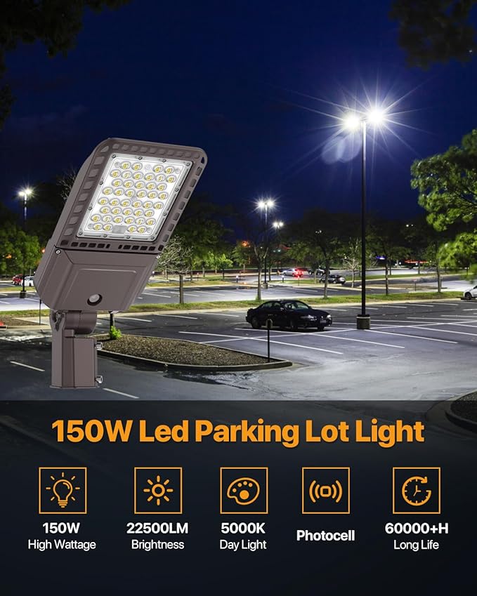 Led Parking Lot Light 150W 22,500LM Slip Fitter Street Outdoor Pole Mount Light with Dusk-to-Dawn Photocell 5000K 100-277V IP65 Waterproof Commercial Area Security Lighting for Parking Lot