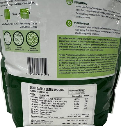 Lawn Green Resistor Turfgrass Mixture, Medum-Textured Turf, Drought and Disease Resistant, 5 lbs