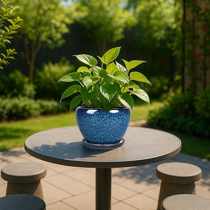 Deep Dream 6 Inch Plant Pots- Ceramic Planter Pot with Drainage Hole and Saucer, Round Flower Pot for Indoor Outdoor Succulent, Snake Plants and Cactus, Blue