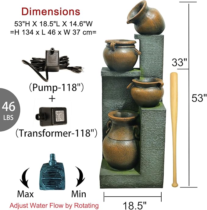 53''H Water Fountain Outdoor Garden Fountain Large- 4 Tiered Cascading Bowls and Outdoor Fountains and Waterfalls with Lights for Garden, Patio, Backyard, Porch Home Art Decor