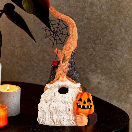 Halloween Gnomes Statue with Pumpkin and Spider Web, Resin Figurine for Yard, Porch, Lawn, Indoor – Fun Spooky Gift for Mom, Friends, Halloween Decor (No Light)