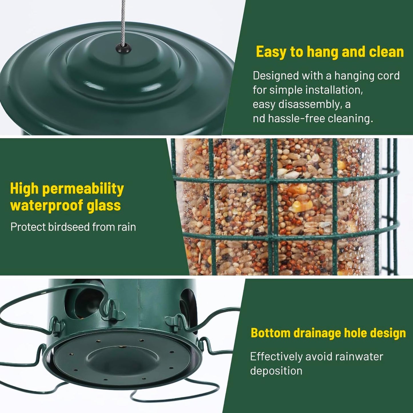 Squirrel Proof Bird Feeder, Weight Activated Outdoor Hanging Metal Bird Feeder, Bite Proof, Weatherproof, Durable, Suitable for Chickadees, Goldfinches, Cardinals, 4.4LB Large Capacity, Green