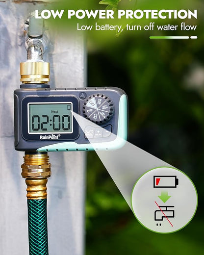 RAINPOINT Sprinkler Timer with Brass Inlet & Outlet, Programmable Hose Timer for Garden Soaker Hose, Watering Timer with Rain Delay/Manual Watering System, Digital Drip Irrigation for Yard, Lawn